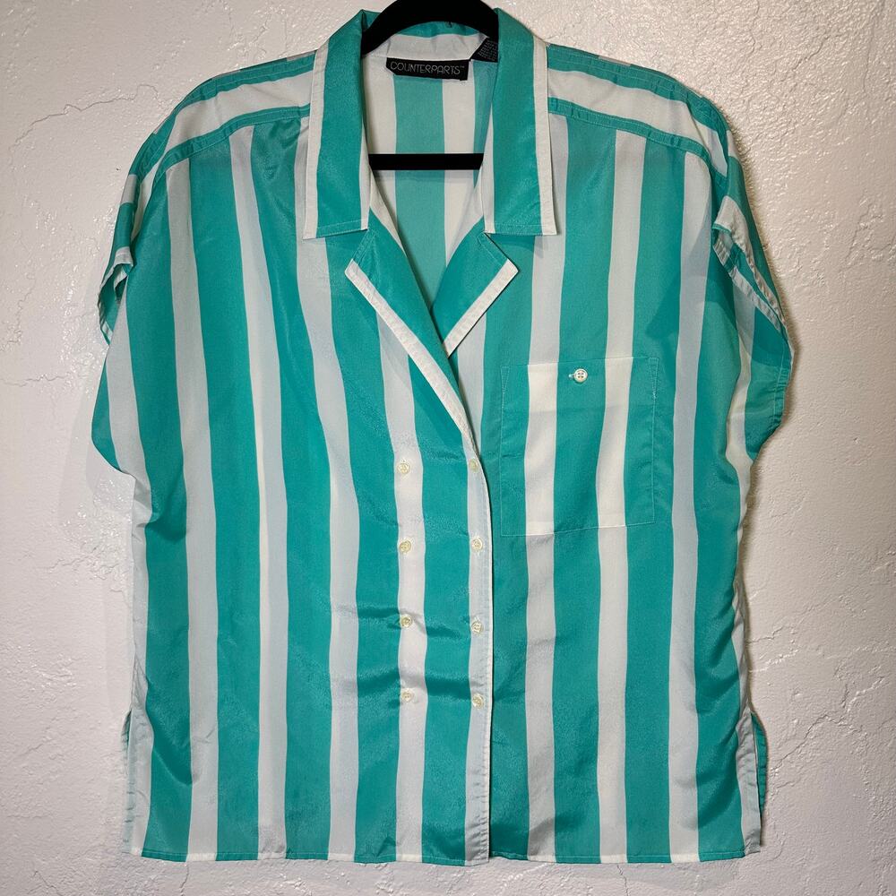 Vintage CounterParts Blouse Size 14 Cap Sleeve Double Button Green Cream Coastal